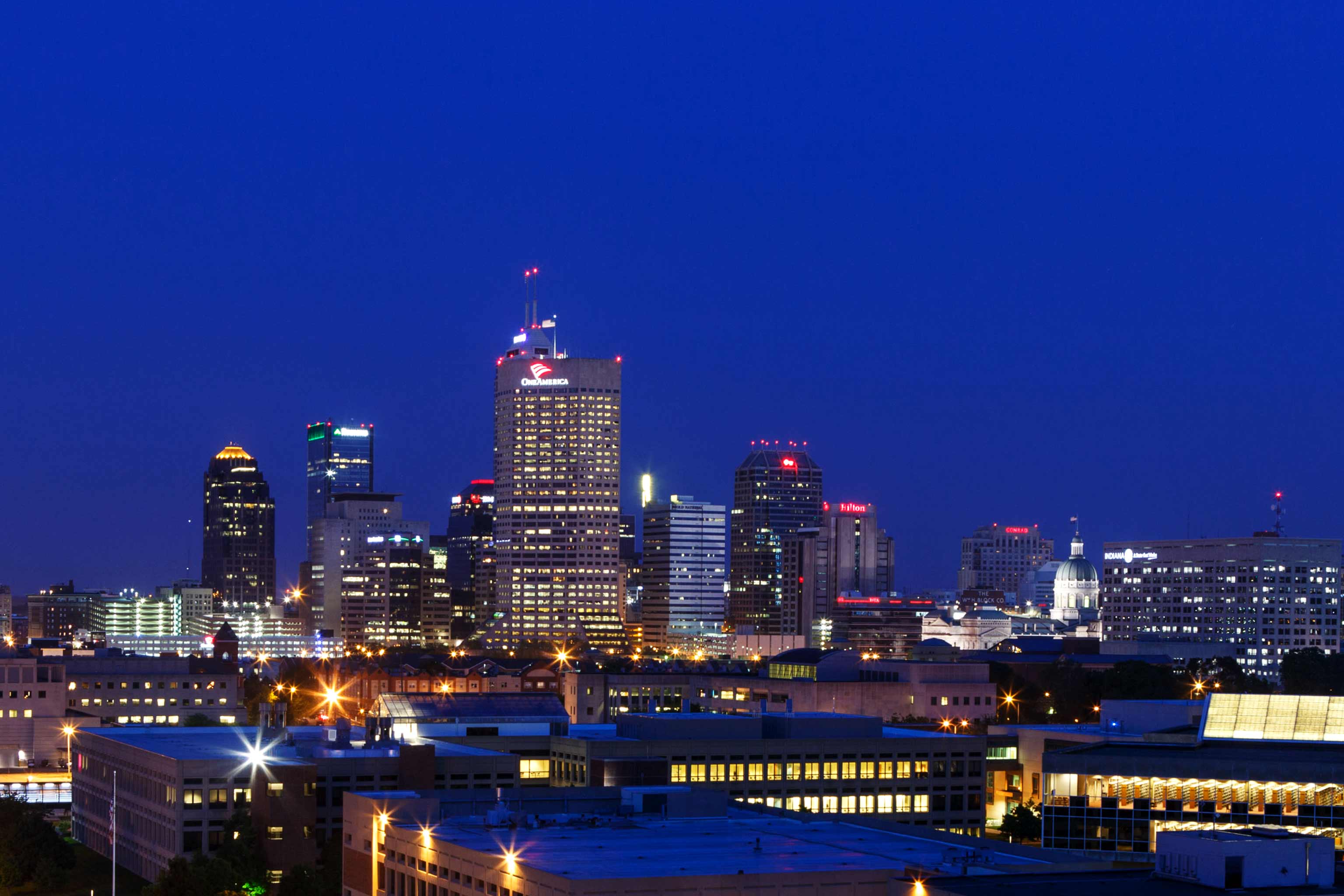 The Indianapolis skyline in the evening