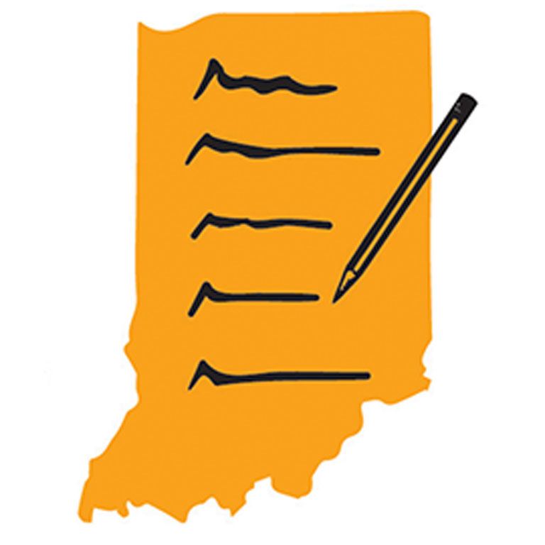 Logo for Indiana Prison Writers Workshop, state of Indiana with a pencil